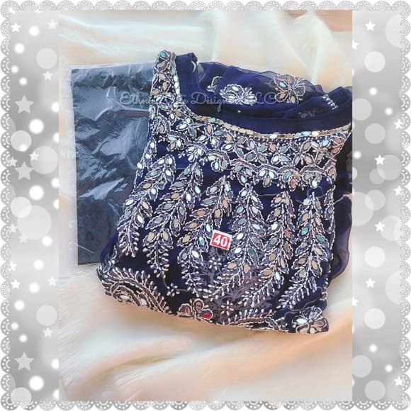New Lucknowi Chikankari Navy Blue Art Mirror Work Kurti + inner - Picture 1 of 5